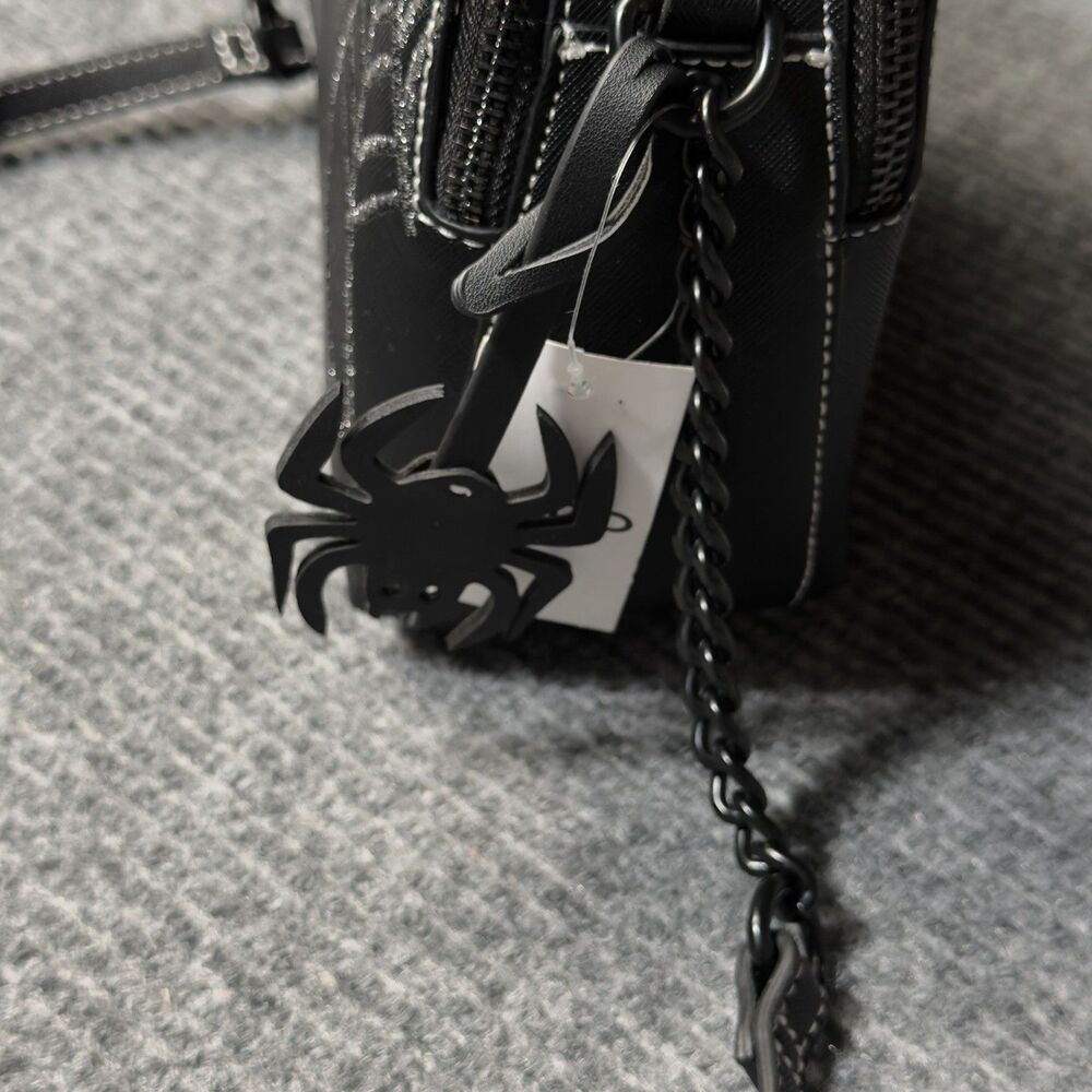 Aldo Black Silver Spider Web Purse Crossbody Bag Spider Charm Halloween Goth NEW - Picture 3 of 12